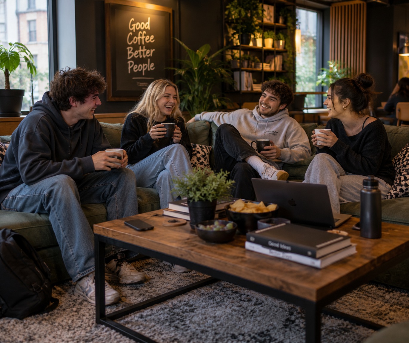 Friends enjoying coffee together in a relaxed lounge